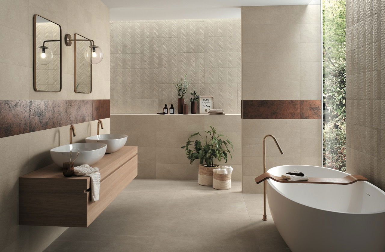 beige stone bathroom tiles