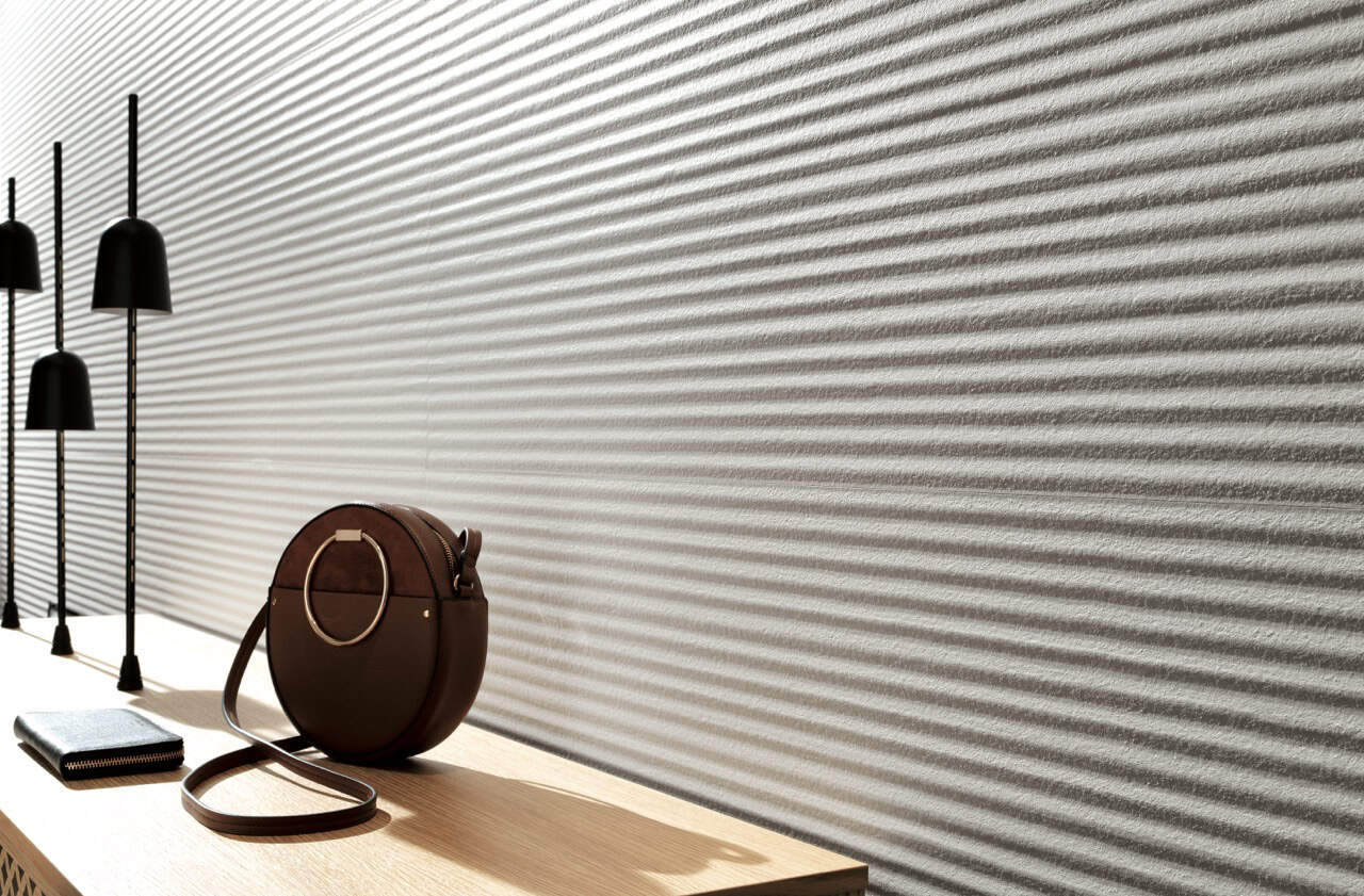 lumina sand art white stripes showroom 3D feature wall tile