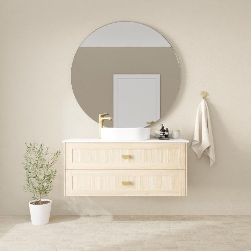 Pier 4 - 1200mm Centre Basin - Wallmount 2-Drawer - Symphony Blanco Top - Natural Oak Cabinet - Stadia White Gloss Basin - Brushed Brass Luna Pull Handles