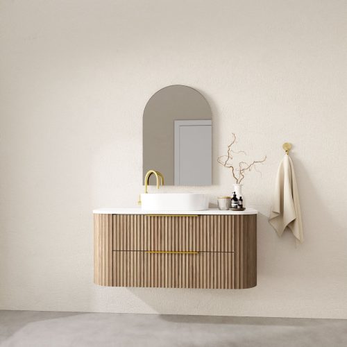 Shore 3 - 1200mm Centre Basin - Wallmount 2-Drawer - Symphony Blanco Top - Prime Oak Cabinet - Stadia White Gloss Basin - 350mm Brushed Brass Top Pull Handles